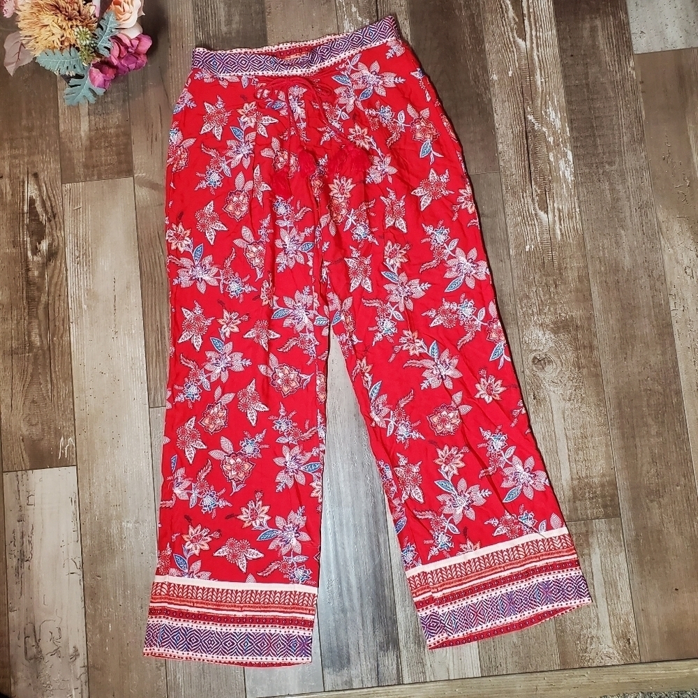 Gypsies & Moondust Red and Blue Floral Flowy Bohemian Boho Women's Pants EUC